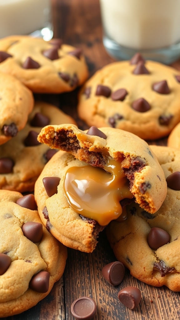 Chewy chocolate chip cookies filled with gooey caramel, placed on a rustic wooden table with a glass of milk.